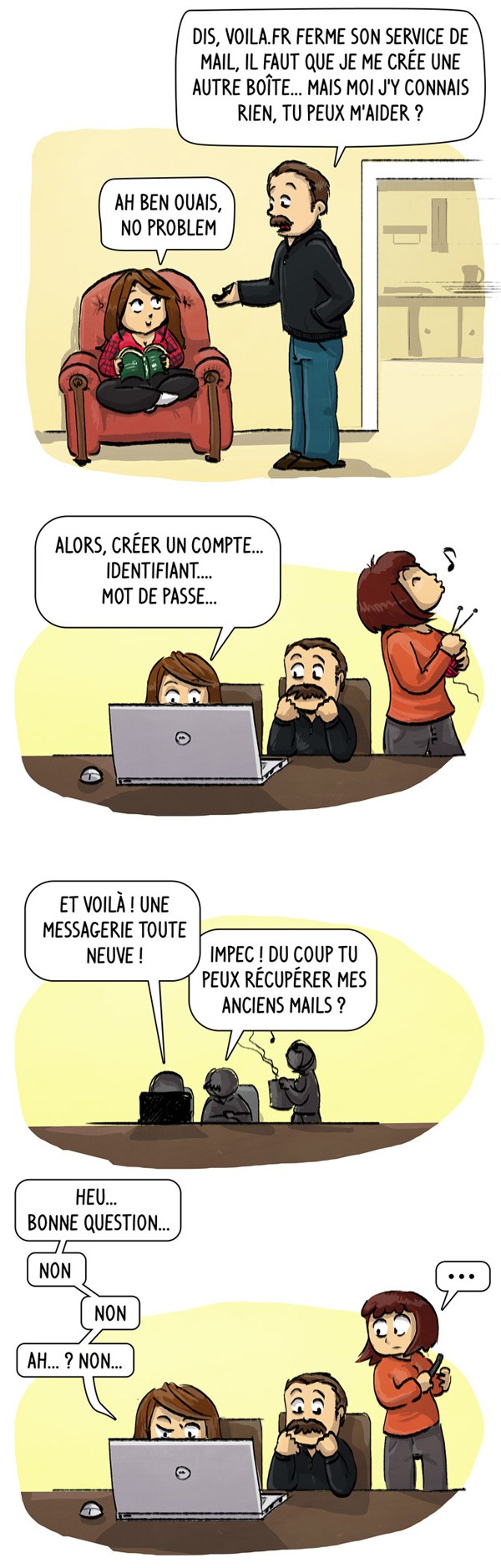 Je me suis dit que, jusqu'ici, mon père avait échappé à ma plume. Attends-toi donc à le voir un peu plus souvent ! 1 - mon père me demande de l'aide pour se créer une nouvelle boite mail suite à fermeture de sa boite voila.fr