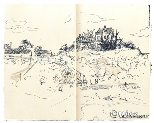 un paysage de Saint-Quay Portrieux croqué au feutre à pointe fine dans mon carnet.