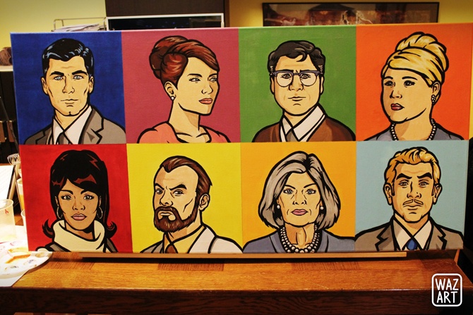 J'aime tous ces personnages, mais mon petit chouchou ça reste Krieger :D toile 100x50 avec les portraits de Sterling Archer, Lana Kane, Cheryl Tunt, Doctor Algernop Krieger, Cyril Figgis, Malory Archer, Pam Poovey et Ray Gillette