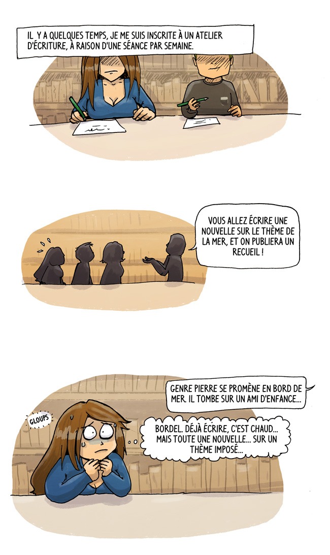 Se retrouver en groupe toutes les semaines, pondre des textes en quelques minutes et les lire devant tout le monde... je ne sais pas si tu imagines l'exploit pour la stressée asociale que je suis... inscription à un atelier d'écriture, publication d'une nouvelle sur le thème de la mer