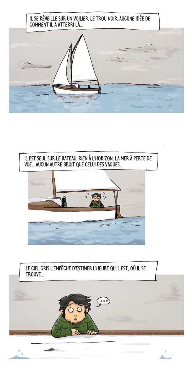 et il te raconte ça en y mettant les formes... de quoi être accro à l'histoire en moins de deux. un mec qui se retrouve tout seul en mer sur un voilier sous un ciel gris intemporel