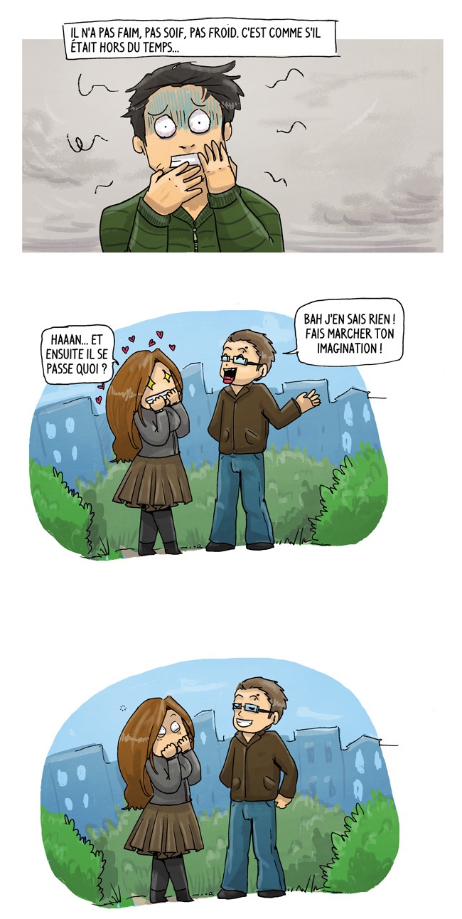 l'espace de quelques instants j'étais aussi intriguée que devant un épisode de Lost ! le mec ne sait pas où il est, n'a pas faim pas faim et pas soif, il est comme en dehors du temps