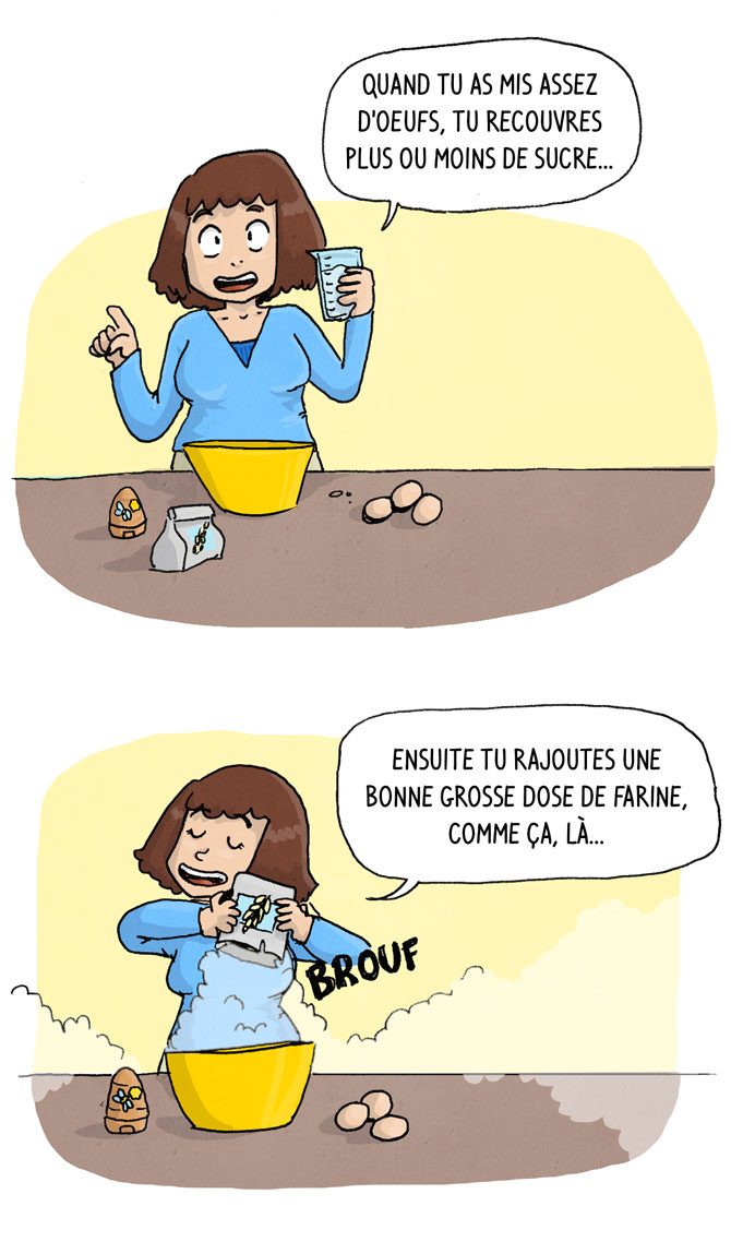 Oui, bon, on va dire que j'ai squeezé une partie de la recette, sans quoi elle n'a pas trop de sens :) - Quand tu as mis assez d'oeufs, tu recouvres plus ou moins de sucre... Ensuite tu rajoutes une bonne grosse dose de farine, comme ça, là...