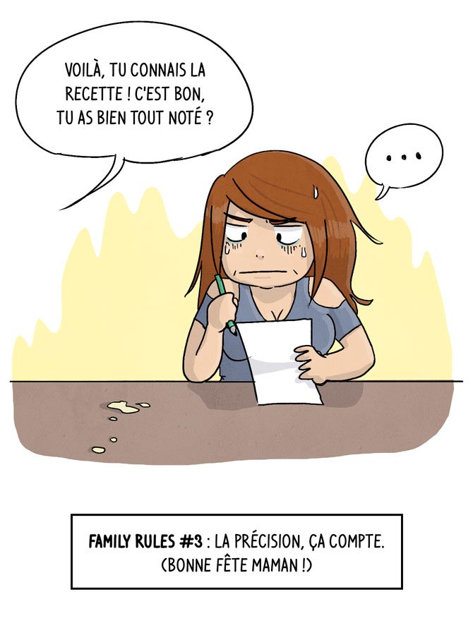 C'est assez malin comme technique... vu que je n'arrive pas à reproduire ses bons petits plats, je dois passer régulièrement la voir pour ne pas mourir de faim... - Voilà, tu connais la recette ! C'est bon, tu as bien tout noté ? - ... - Family rules #3 : la précision, ça compte.