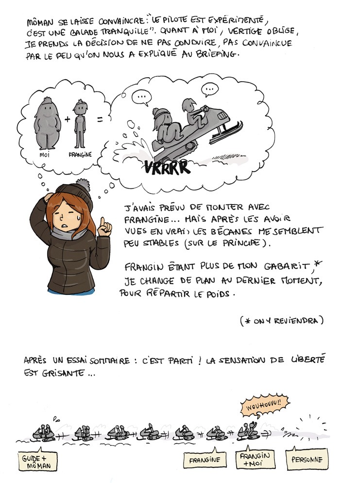 Môman se laisse convaincre car "le pilote est expérimenté, c'est une balade tranquille". Quant à moi, vertige oblige, je prends la décision de ne pas conduire, pas convaincue par le peu qu'on nous a explié au briefing. J'avais prévu de monter avec Frangine... Mais après les avoir vues en vrai, les bécanes me semblent peu stables (sur le principe). Frangin étant plus de mon gabarit - on y reviendra - je change de plan au dernier moment, pour répartir le poids. Je renonce également à conduire. Après un essai sommaire : c'est parti ! La sensation de liberté est grisante. "WOUHOUUUU". Guide + môman en tête; et Frangine et Frangin + moi en dernier.