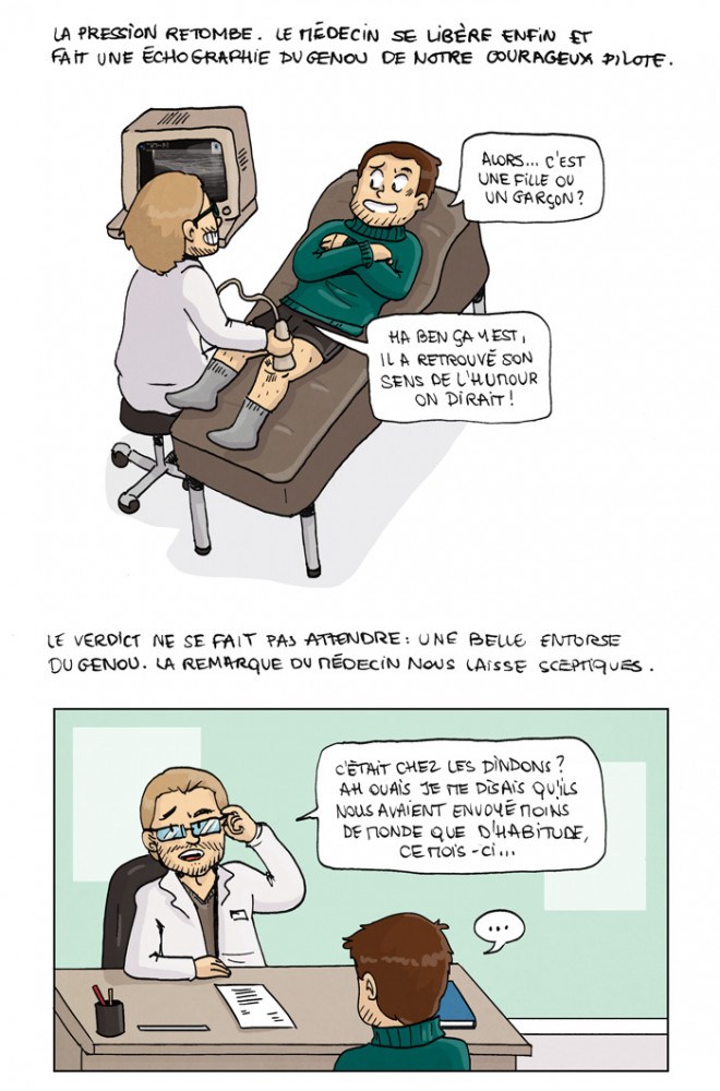 le pression retombe. Le médecin se libère enfin et fait une échographie du genou de notre courageux pilote. Alors, c'est une fille ou un garçon ? Ah ben ça y est, il a retrouvé son sens de l'humour on dirait ! Le verdict ne se fait pas attendre : une belle entorse du genou. La remarque du médecin nous laisse sceptiques. C'était chez les dindons ? ah ouais, je me disais qu'ils nous avaient envoyé moins de monde que d'habitude ce mois-ci...