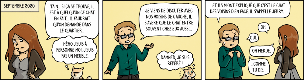 Septembre 2020 - Waz : "tain... si ça se trouve, il est à quelqu'un ce chat en fait... il faudrait qu'on demande dans le quartier...". Moumoune : "Hého, j'suis à personne moi, j'suis pas un meuble". Chéridamour : "Je viens de discuter avec nos voisins de gauche, il s'avère que le chat entre souvent chez eux aussi...". Moumoune : "Damned, je suis repéré !". Chéridamour : "Et ils m'ont expliqué que c'est le chat des voisins d'en face. Il s'appelle Jerry.". "Oh." "Oui." "Oh merde." "Comme tu dis."