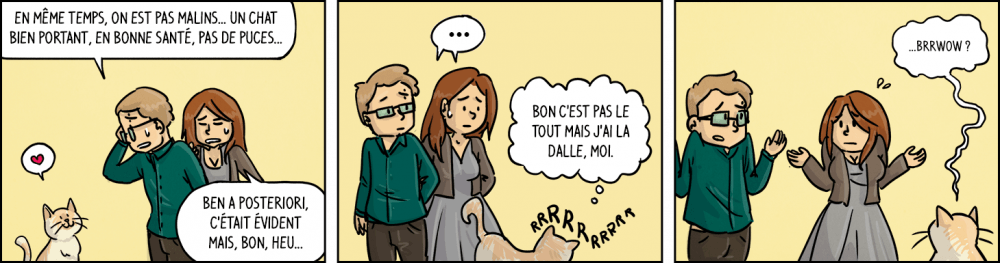Chéridamour : "En même temps, on est pas très malins... Un chat bien portant, en bonne santé, pas de puces...". Aurore : "Ben a posteriori c'était évident, mais bon heu...". Moumoune, ronronnant : "bon c'est pas le tout, mais j'ai la dalle moi". Waz et Chéridamour : se regardent en haussant les épaules avec un regard gêné. Moumoune : miaulement interrogatif.