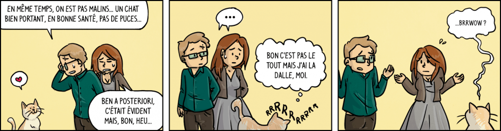 Chéridamour : "En même temps, on est pas très malins... Un chat bien portant, en bonne santé, pas de puces...". Waz : "Ben a posteriori c'était évident, mais bon heu...". Moumoune, ronronnant : "bon c'est pas le tout, mais j'ai la dalle moi". Waz et Chéridamour : se regardent en haussant les épaules avec un regard gêné. Moumoune : miaulement interrogatif.