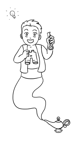 ouais ça clignote tavu un gif animé montrant les étapes du dessin d'un génie roux qui tient une clé et des jumelles