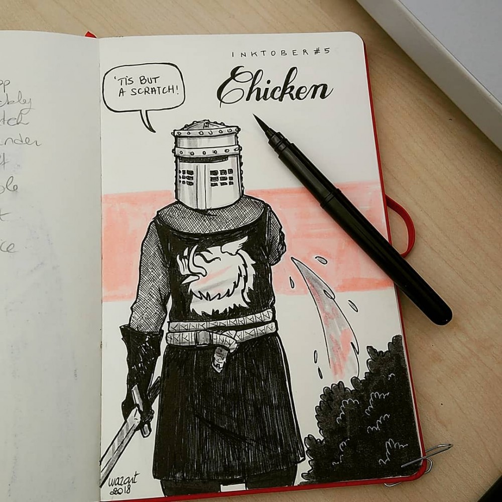 Le Chevalier Noir du Sacré Graal des Monty Python, avec un bras en moins et qui dit "c'est juste une égratignure !" en anglais."