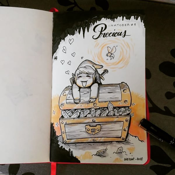 Link (Zelda) affalé sur un coffre plein de rubis