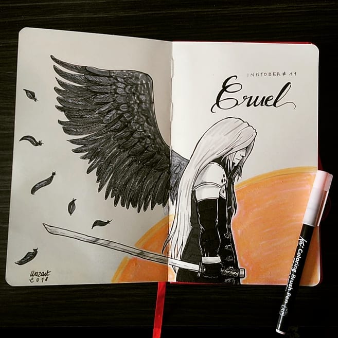 Sephiroth vu de profil, avec son sabre Masamune et son unique aile déployée