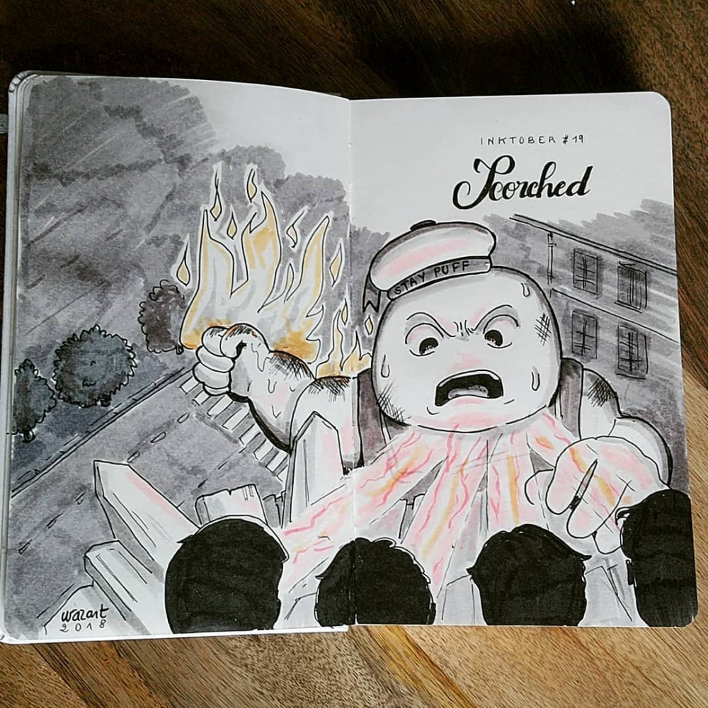 Le bibendum chamallow en feu qui grimpe sur le bâtiment dans le film Ghostbusters (mais dessiné version moche)