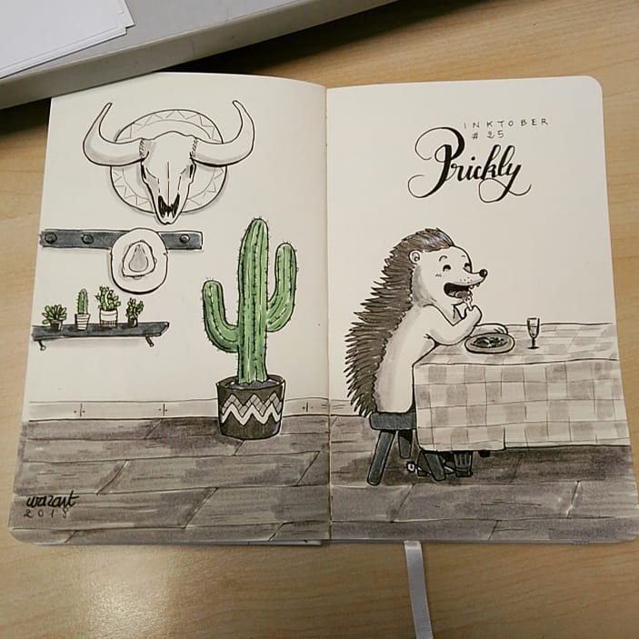 un hérisson qui mange à table, avec un gros cactus, un crâne de vache, un chapeau de cowboy et des succulentes