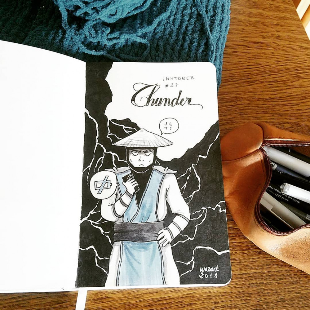 Raiden énervé, avec des éclairs autour de lui, et son téléphone qui n'a plus de batterie