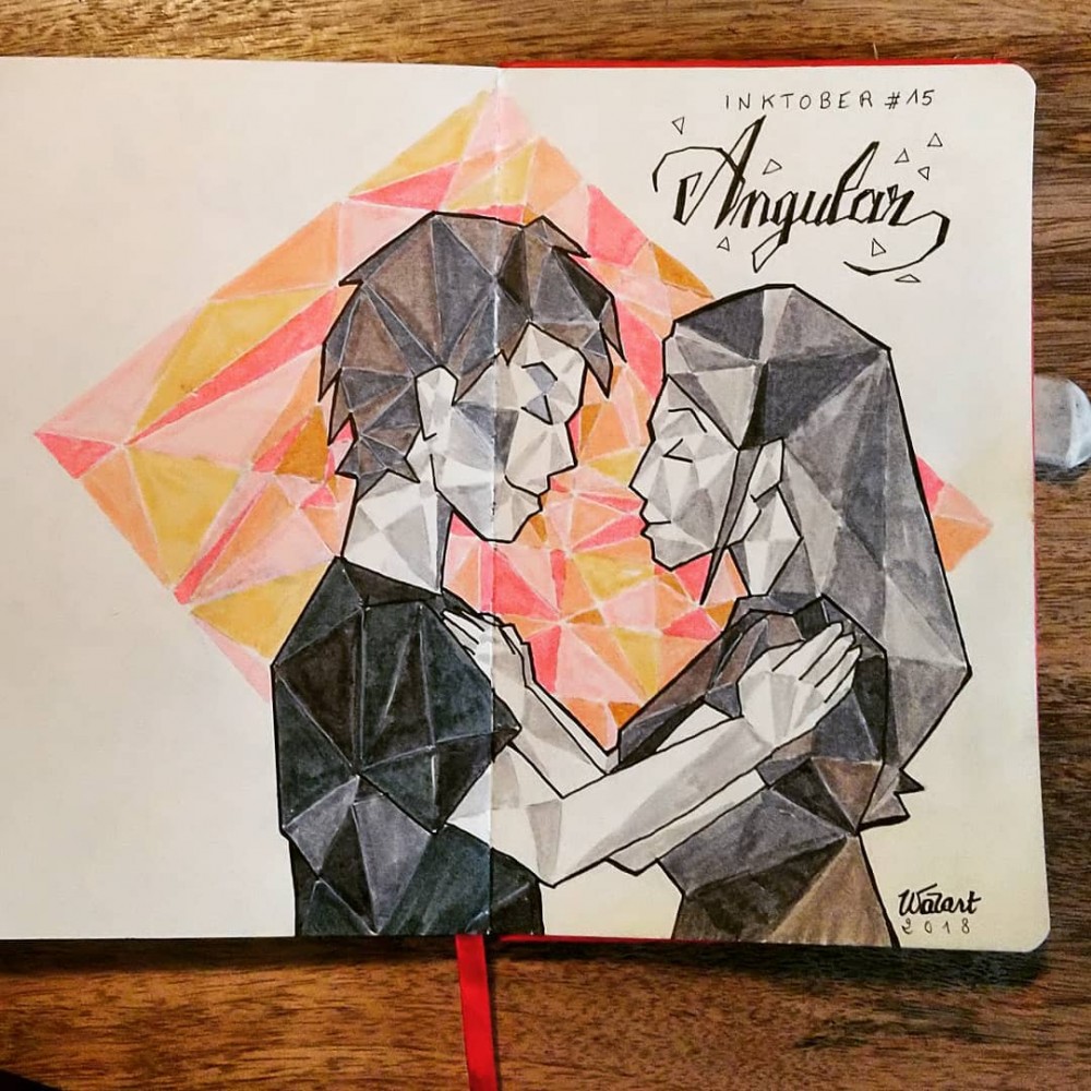 Un couple qui se regarde amoureusement, stylisé façon "low poly" (le dessin est constitué de polygone en nuances de gris / couleur)