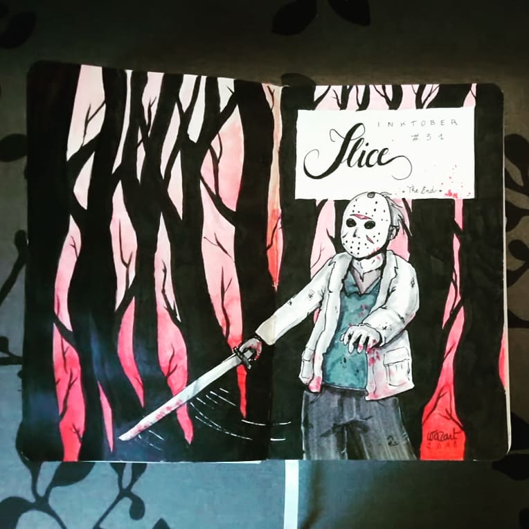 Jason Voorhes qui tient une machette dans la foret (arbres noirs sur fond dégradé de rouge)