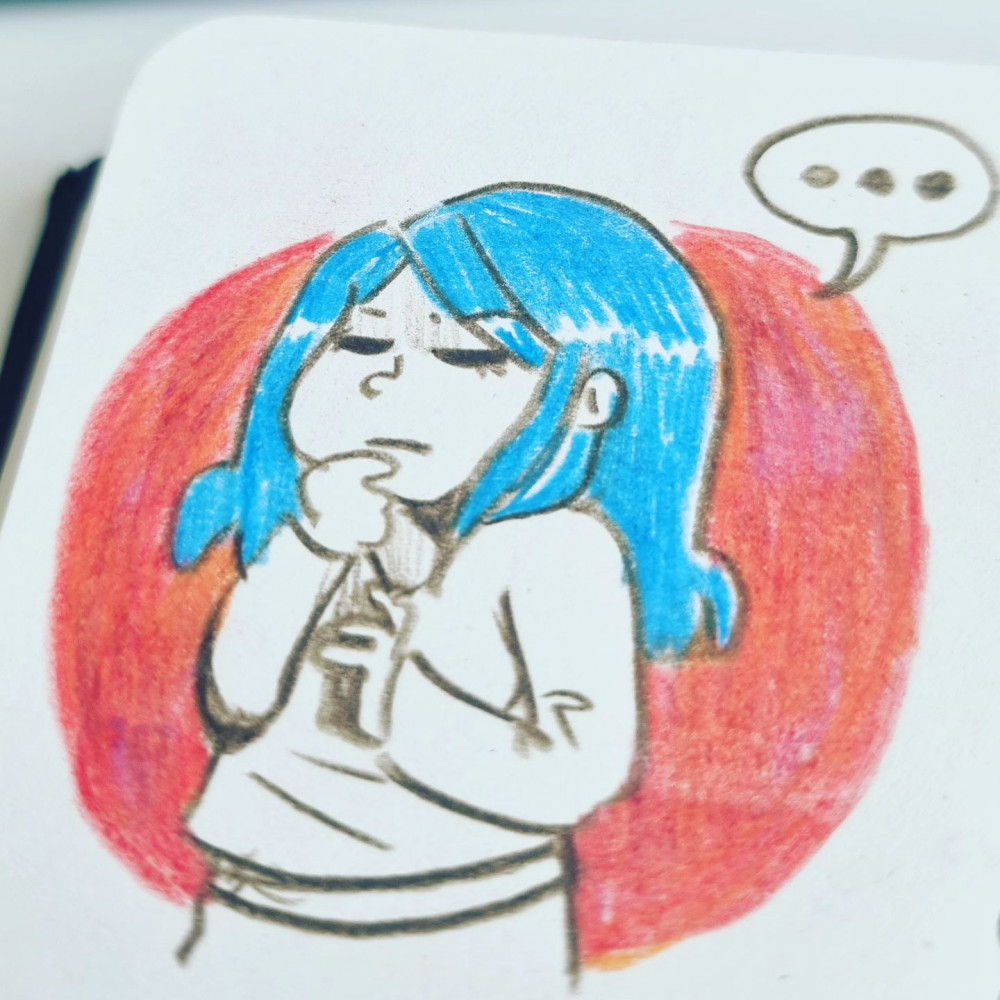 croquis aux crayons de couleur représentant mon avatar contrarié, accolé à une bulle avec trois petits points en guise de texte.
