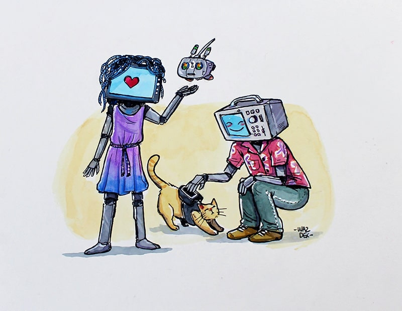 Illustration à l'aquarelle montrant un robot avec une tablette Wacom en guise de tête, un autre avec un oscilloscope, et un chat équipé comme dans le jeu vidéo "stray".