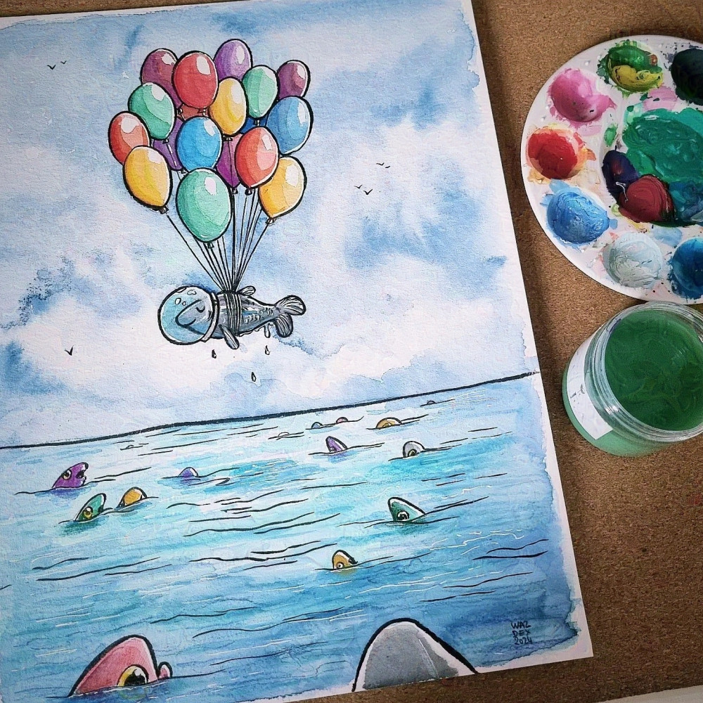 Aquarelle représentant un poisson ravi qui s'élève dans les cieux à l'aide de ballons multicolore ; il a un scaphandre rempli d'eau, et plein de poissons l'observent avec envie depuis la surface de l'eau en contrebas.