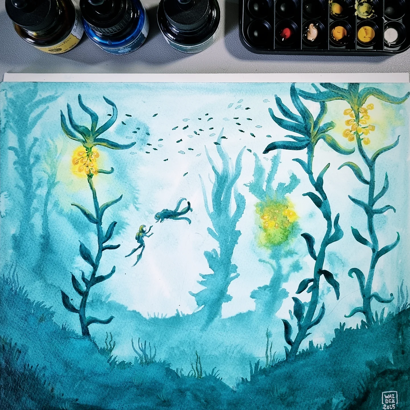 illustration à l'encre représentant la silhouette d'une plongeuse et d'un câlineur (cuddlefish) dans le biome des vignes d'Orin, dans le jeu vidéo Subnautica