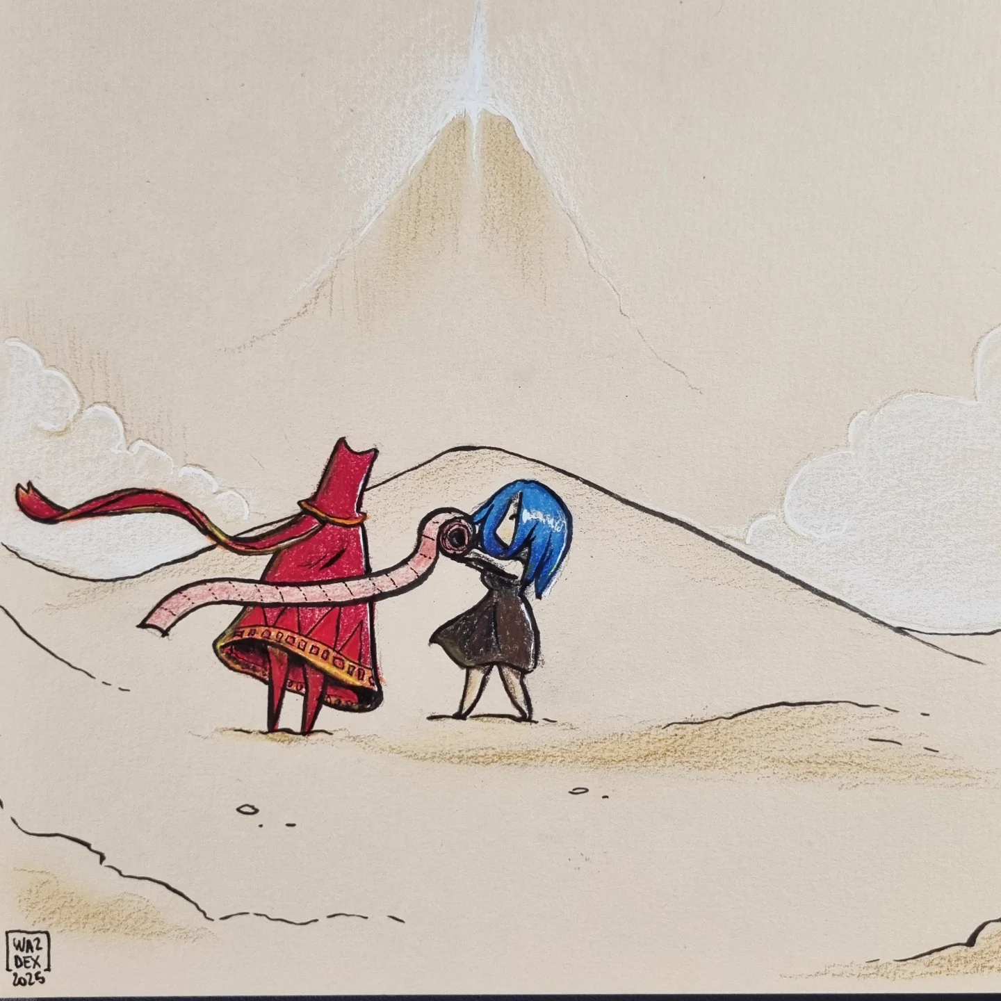Un dessin aux crayons de couleurs sur papier beige, représentant le personnage principal du jeu vidéo Journey avec l'avatar de Waz qui lui tend un rouleau de papier toilette. Ils sont dans le désert du début du jeu.