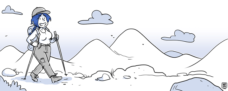 l'avatar de Waz, en plein Trek, sourire, bâtons de marche à la main et sac à dos. Paysage vallonné en arrière-plan. Dessin numérique en nuances de gris et de bleu.