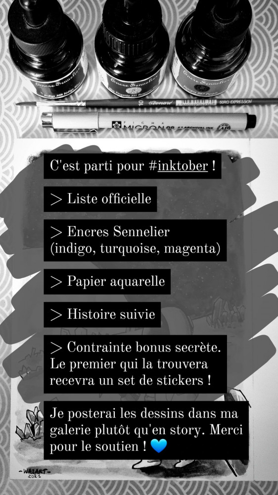 C'est parti pour #inktober ! Je pars sur la liste officielle, j'utiliserai des encres Sennelier (trois couleurs seulement : indigo, turquoise et magenta). Sur papier aquarelle (contrairement aux carnets que j'utilise habituellement). Il s'agira d'une histoire suivie. La contrainte secrète a été devinée, cf plus loin.