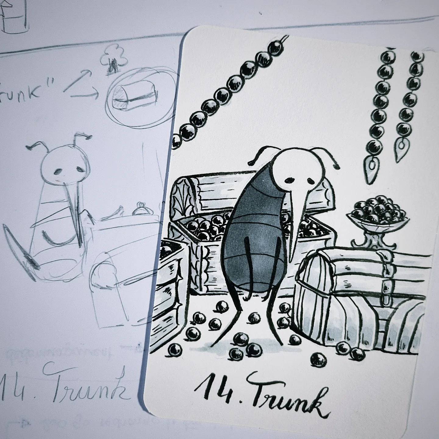 Mort, démuni et abattu, devant des coffres remplis de perles