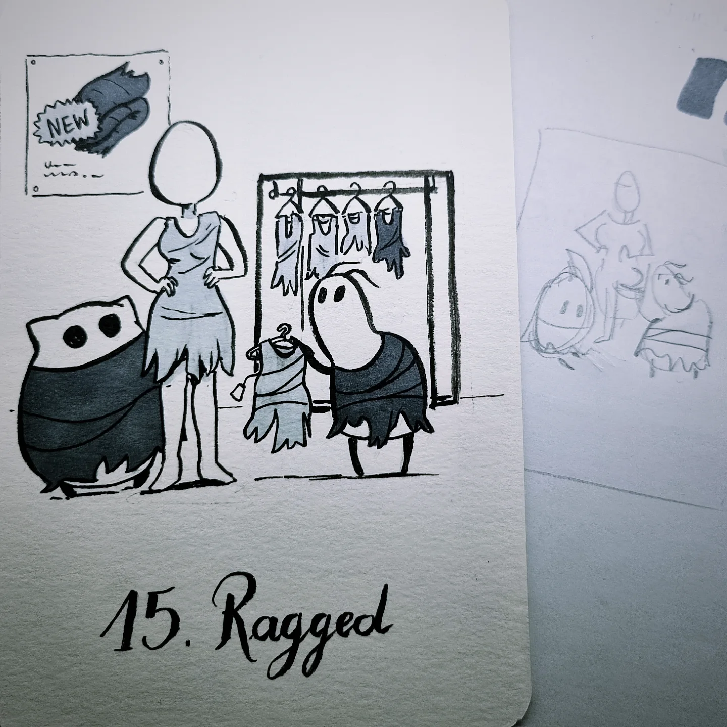 Deux pélerins et un mannequin dans un magasin de vêtements, tous les vêtements sont en lambeaux (car les pélerins ne portent que ça)