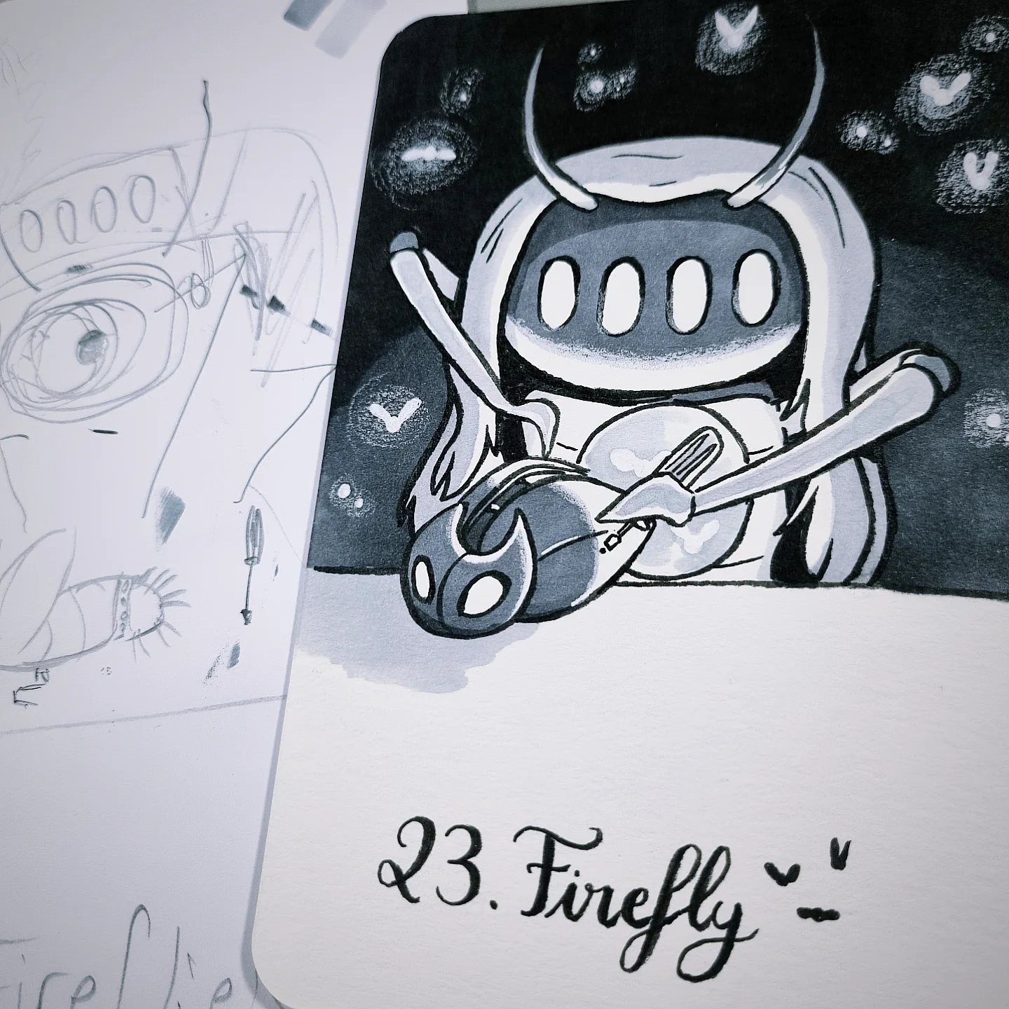 L'Architecte en train d'ajouter une ampoule à Lumaflies, sur l'arrière d'une Mouchetille.