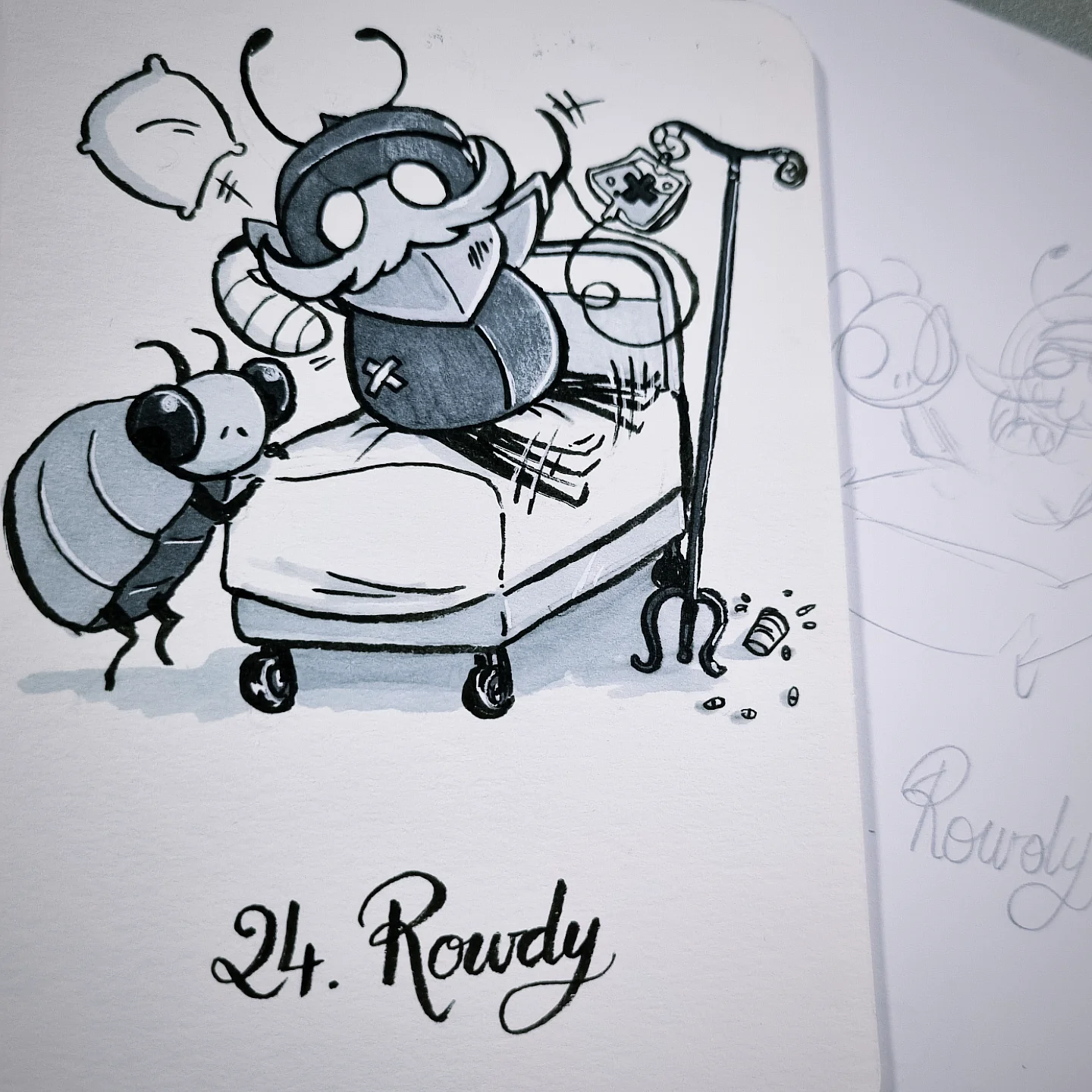 Garmond sur un lit d'hôpital avec un bras dans le plâtre, en train de mettre le bazar. Zaza se dresse sur le bord du lit.