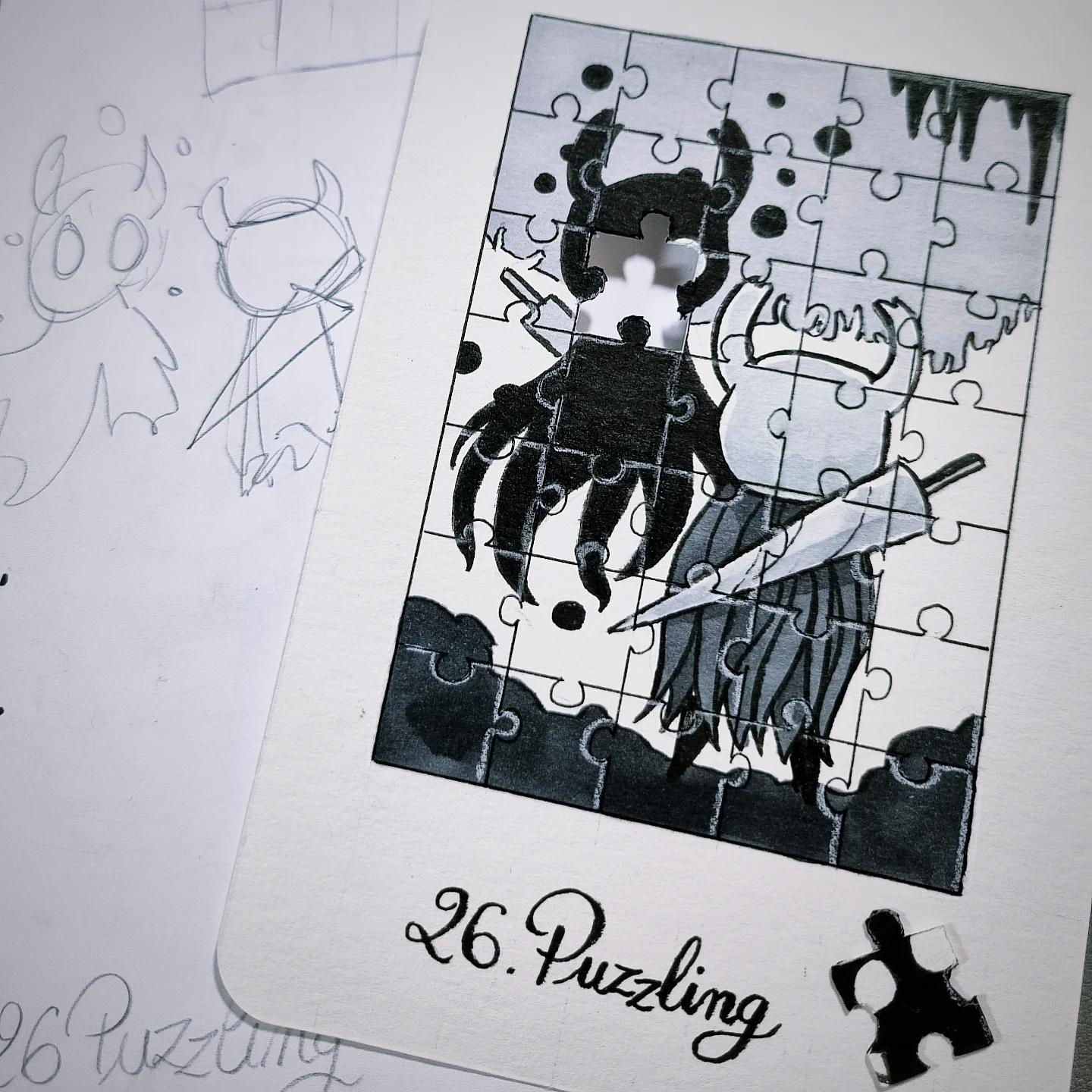 Le Chevalier faisant face à son Ombre, avec un effet 'puzzle' sur l'ensemble de l'illustration. La pièce du visage de l'Ombre a été découpée.