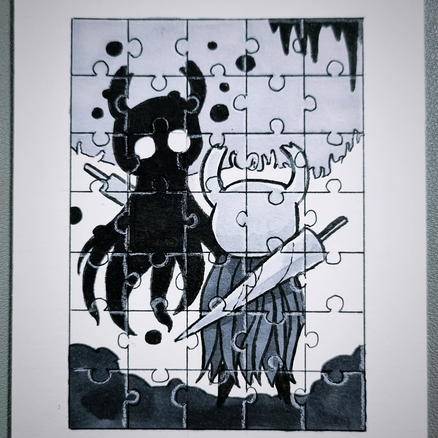 Le Chevalier faisant face à son Ombre, avec un effet 'puzzle' sur l'ensemble de l'illustration. La pièce du visage de l'Ombre a été replacée.