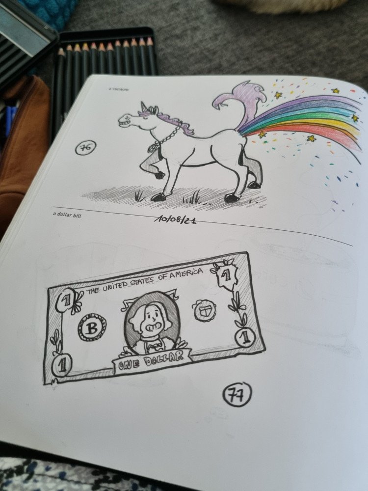 Un arc-en-ciel (a rainbow), un billet d'un dollar (a dollar bill)