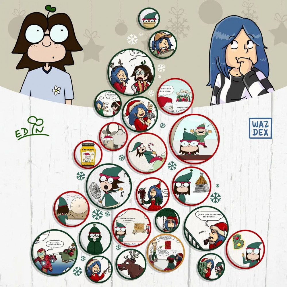 tout les illustrations du calendrier de l'avent arrondies et arrangées de façon à former un sapin de Noël
