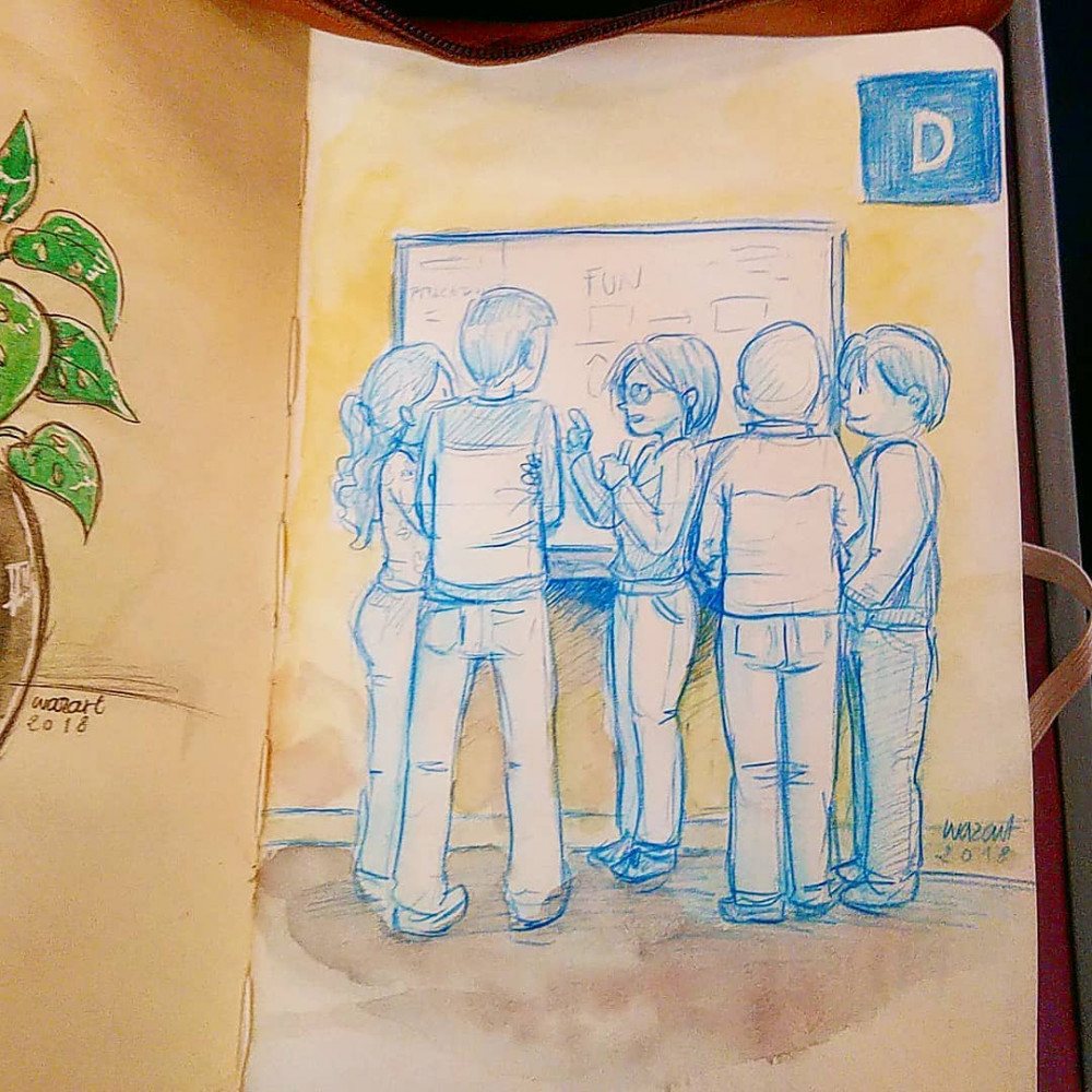 dessin de 5 personnage devant un tableau interactif, au crayon bleu et aquarelle