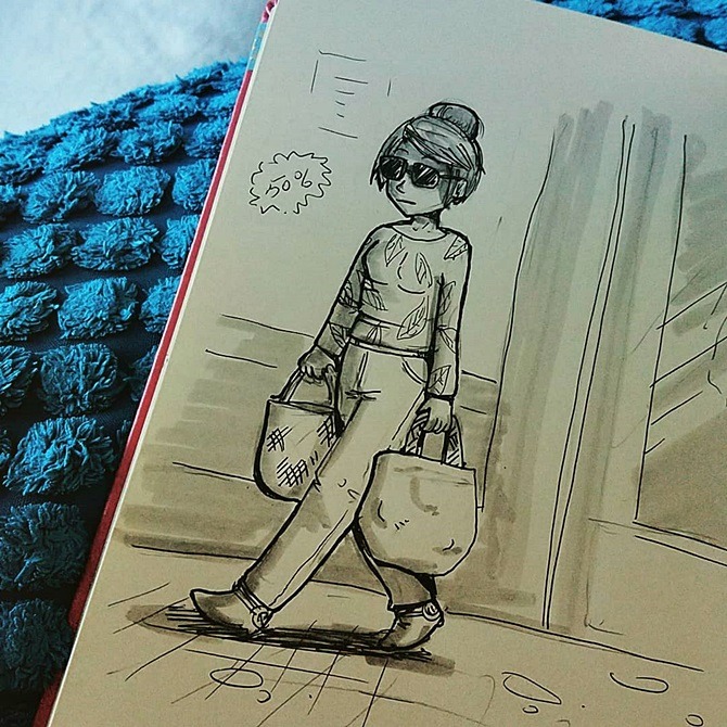 dessin au Pilot noir et feutres gris d'une femme avec des lunettes de soleil et sweet à motif de feuilles tropicales, qui marche en portant deux sacs de provisions