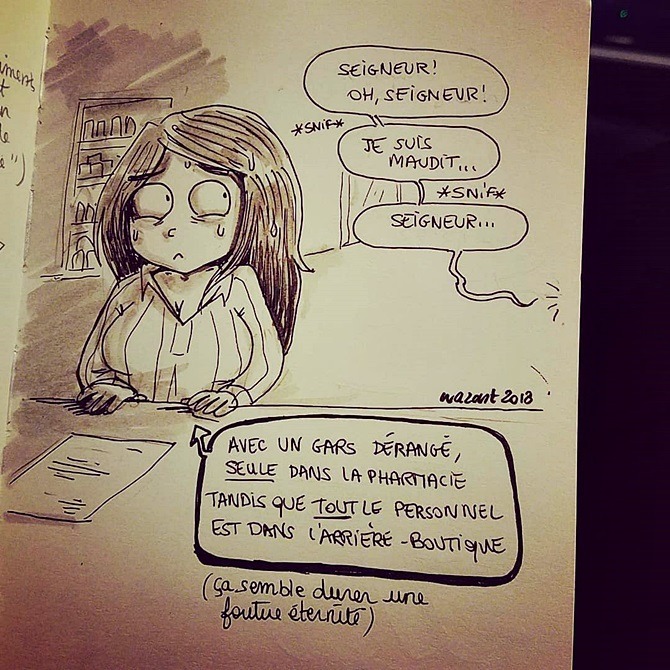 mon personnage qui stresse en premeir plan, avec quelqu'un qui répète "seigneur, oh seigneur je suis maudit, seigneur" et la légende "avec un gars dérangé, seule dans la pharmacie tandis que tout le personnel est dans l'arrière-boutique. ça semble durer une éternité".
