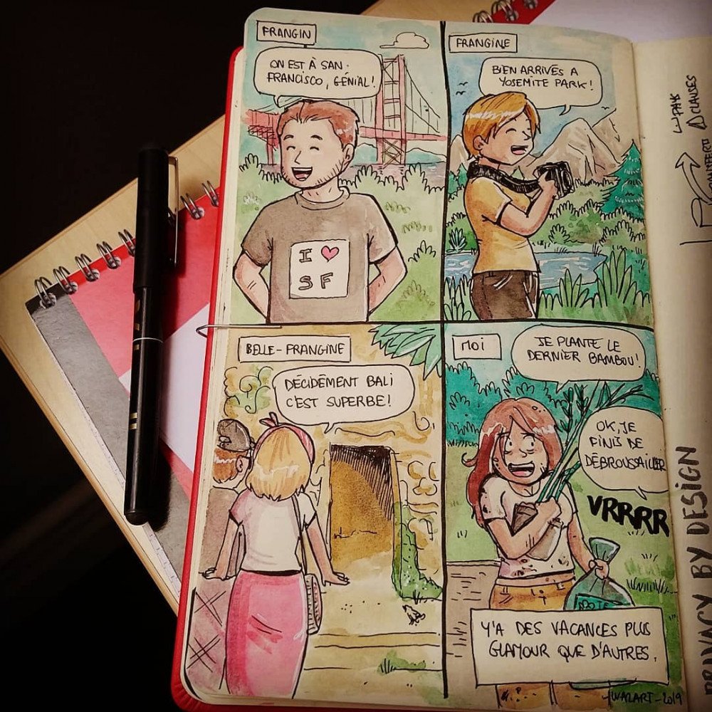 Frangin : "on est à San Francisco, génial !", Frangin : "Bien arrivée à Yosemite Park", Belle-Frangine : "Décidément Bali c'est superbe", Moi "Je plante le dernier bambou", Chéridamour : "OK, je finis de débroussailler" - Y'a des vacances plus glamour que d'autres.