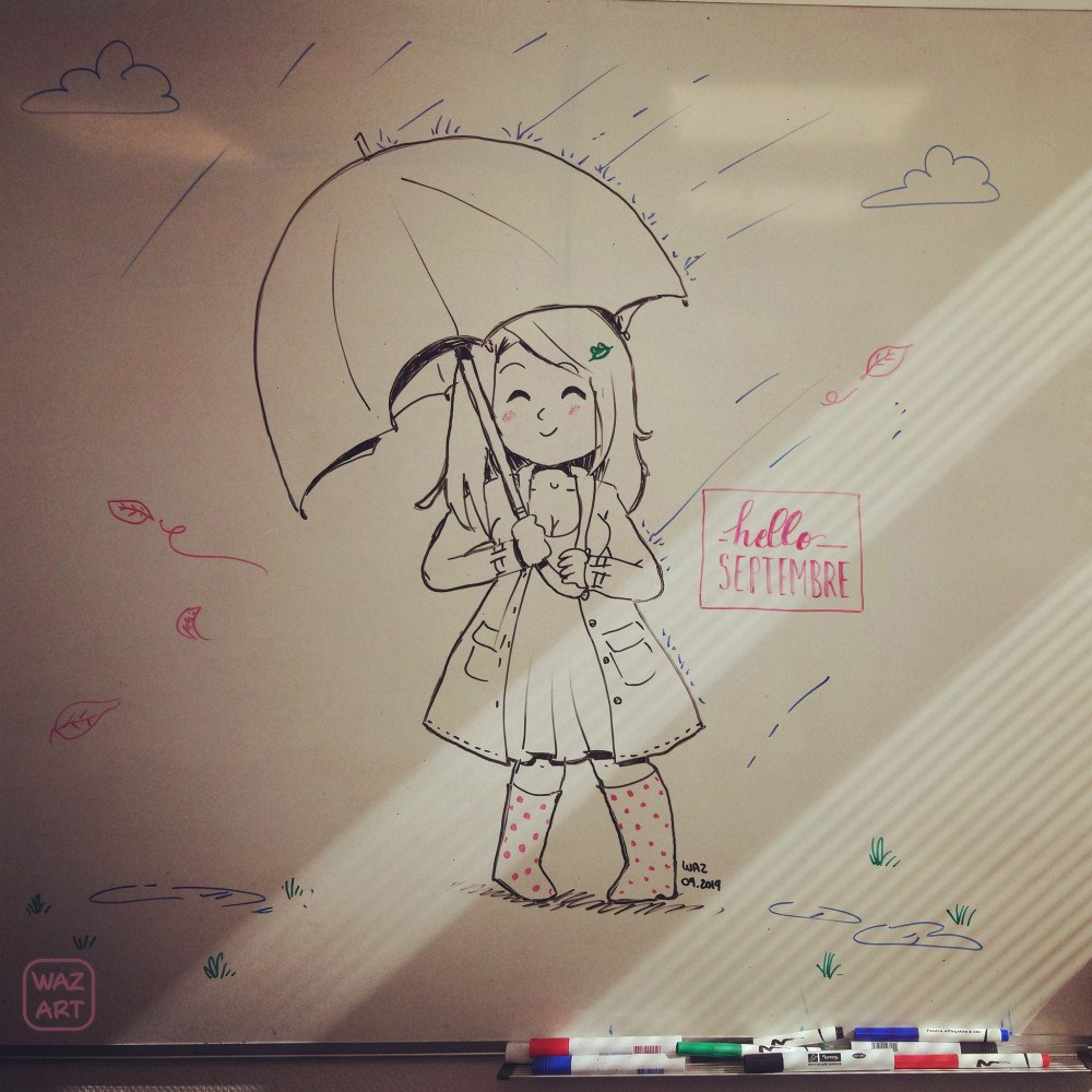 Je m'amuse à rajouter une feuille à chaque jour qui passe. Je me demande si quelqu'un le remarquera (mais j'en doute) ! Une fille qui sourit avec un parapluie et bottes de pluie, et des feuilles mortes qui volent autour