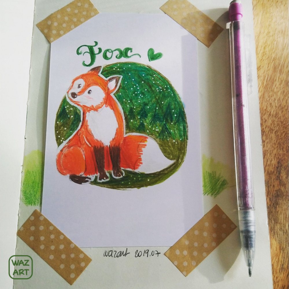 Je ne sais comment j'ai réussi à avoir un rendu un peu "livre pour enfants". Pas réussi à reproduire ce style jusqu'ici ! un renard dessiné aux crayons de couleur, avec le mot "fox" calligraphié