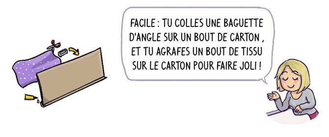 facile ! tu colles une baguette d'angle sur un bout de carton, et tu agrafes un bout de tissu sur le carton pour faire joli !