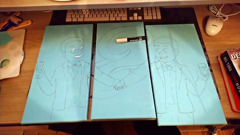 il y a trop de photos, et tout ce que j'ai à raconter est directement dans le post ! photos des toiles avec juste le trait au crayon et des touches de posca blanc