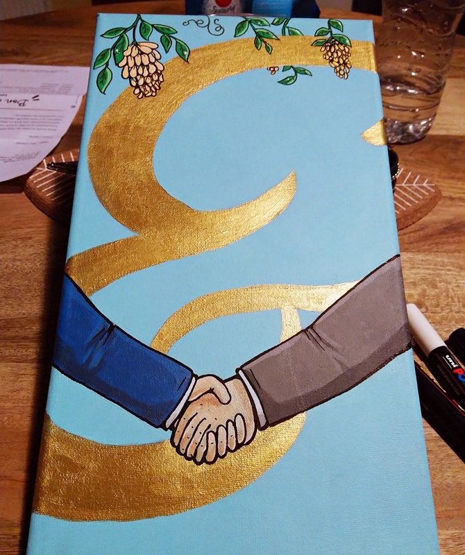 zoom sur la toile centrale (mains, & et glycines)