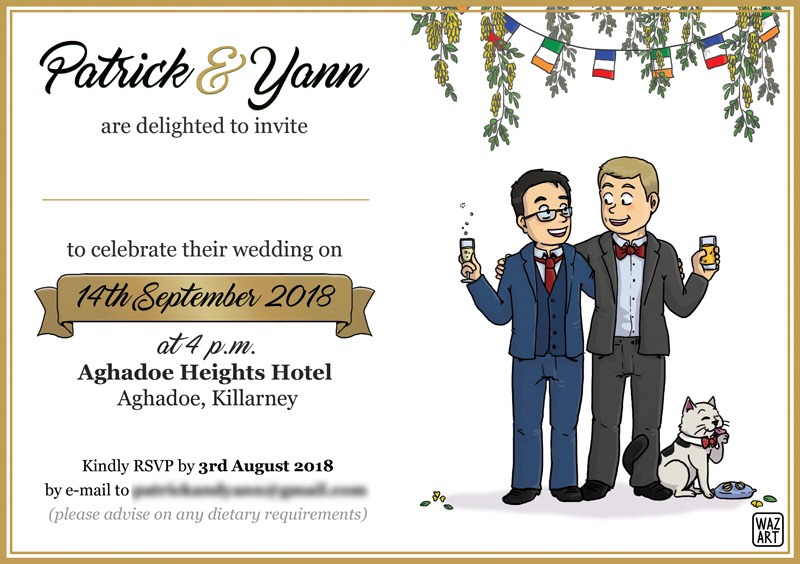 Le chat s'appelle Pishkin, et il est trop mignon. Voilà. Design du faire part : le texte à gauche, et sur la droite, une illustration avec les deux mariés souriants qui se tiennent par les épaules, de la glycine et des drapeaux français et irlandais.